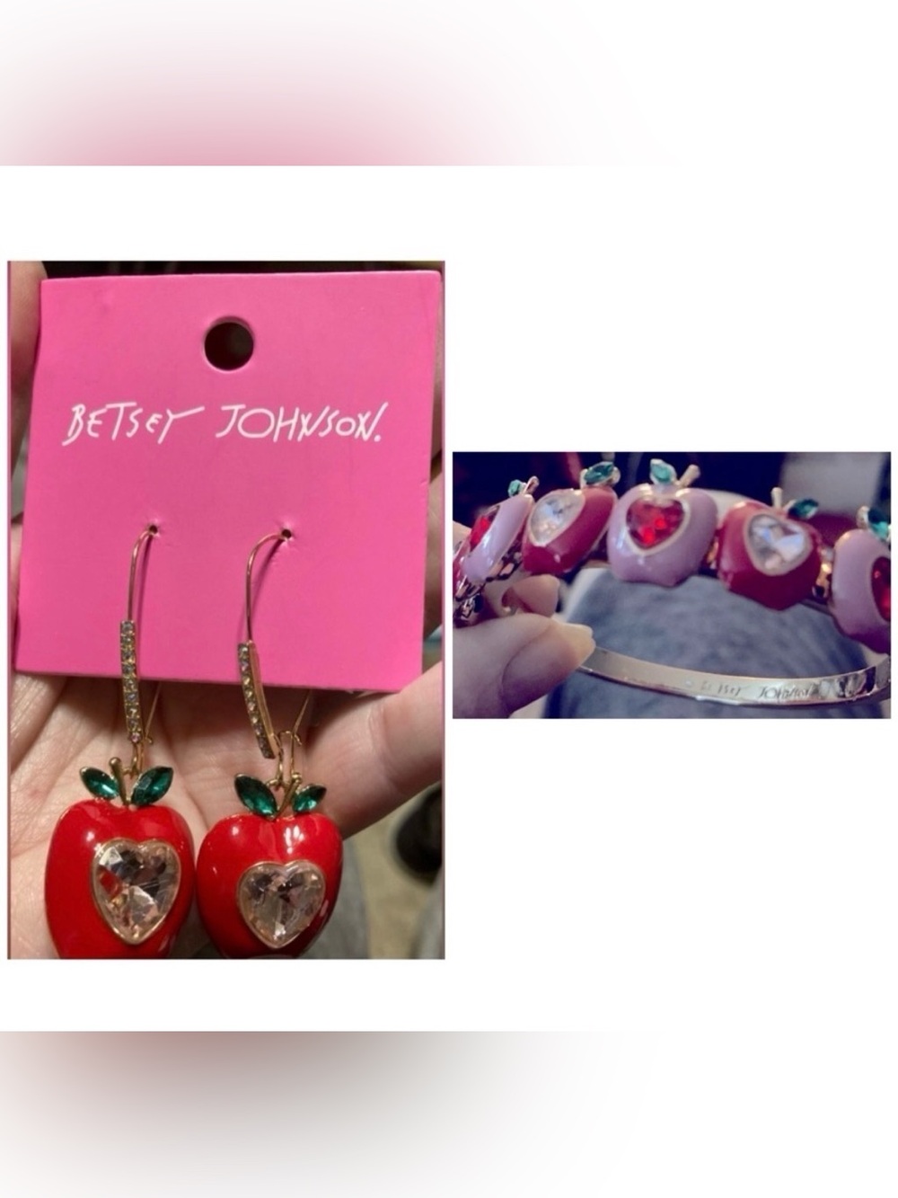 BETSEY JOHNSON SET Red Apple Bejeweled Earrings & Bracelet Ltd Edition NEW NWT